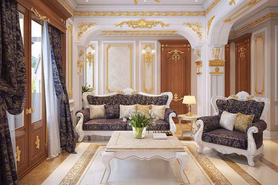 Mẫu thiết kế nội thất phòng khách phong cách tân cổ điển với các đường nét nhẹ nhàng